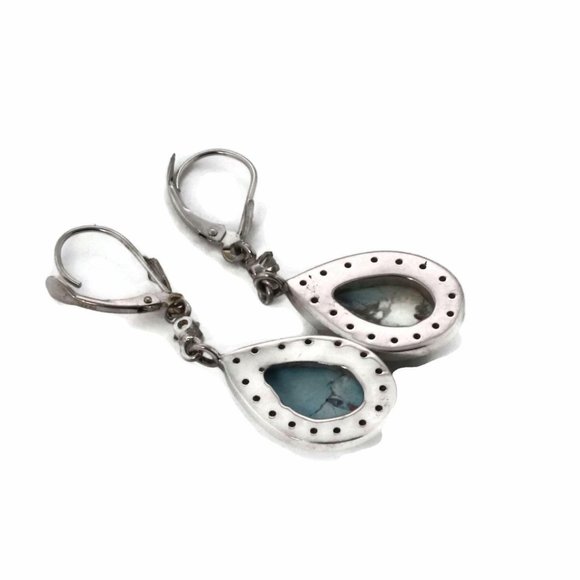 Estate Diamond Turquoise 14k White Gold Earrings - Picture 3 of 5
